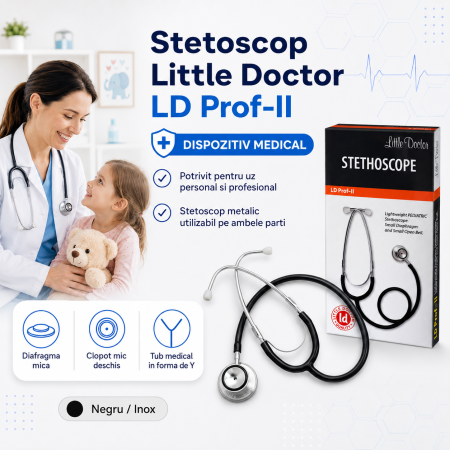 Stetoscop Little Doctor LD Prof II, stetoscop metalic utilizabil pe ambele parti, diafragma mica, Negru/Inox [1]