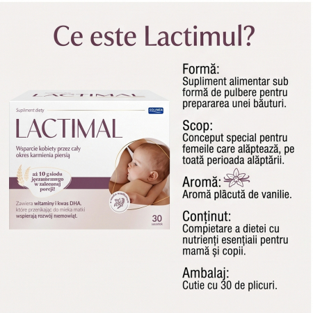 Supliment alimentar Solinea Lactimal pentru femei care alapteaza, DHA, acid folic, iod, colina, vitaminele B12 si D, aroma vanilie, 30 plicuri [1]
