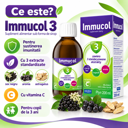 Supliment alimentar sirop Solinea Immucol 3, cu soc negru, aronia, astragalus si vitamina C, pentru copii de la 3 ani si adulti, 200 ml [1]