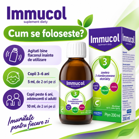 Supliment alimentar sirop Solinea Immucol 3, cu soc negru, aronia, astragalus si vitamina C, pentru copii de la 3 ani si adulti, 200 ml [2]