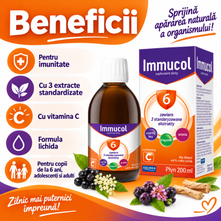 Supliment alimentar sirop Solinea Immucol 6, cu soc negru, aronia, astragalus si vitamina C, pentru copii de la 6 ani, adolescenti si adulti, 200 ml [3]