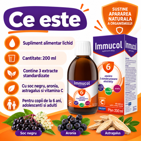 Supliment alimentar sirop Solinea Immucol 6, cu soc negru, aronia, astragalus si vitamina C, pentru copii de la 6 ani, adolescenti si adulti, 200 ml [1]
