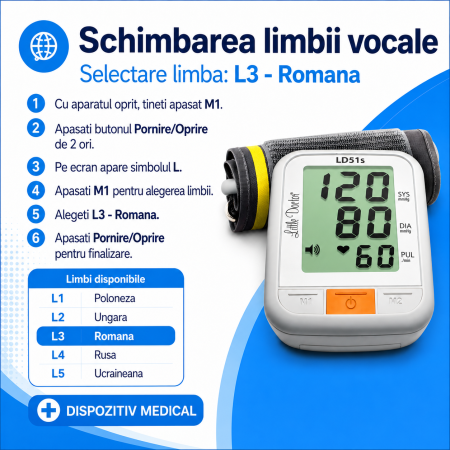 Tensiometru de brat Little Doctor LD 51S, anuntare vocala limba romana, adaptor inclus, validat clinic, potrivit pentru nevazatori [3]