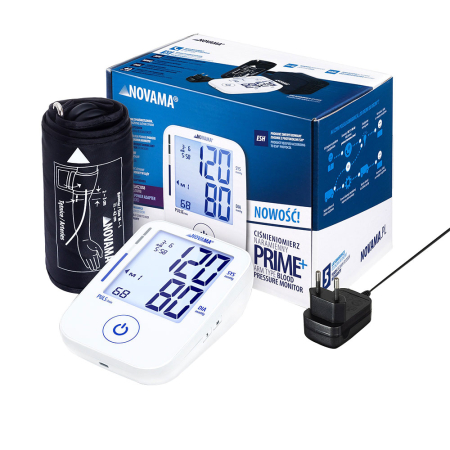 Tensiometre electronice - Tensiometru electronic de brat Novama Prime+ White, masurare in timpul umflarii mansetei, detectarea aritmiei, memorie 2 x 100 masuratori, manseta reglabila 22 - 42 cm, alimentator USB inclus, Alb