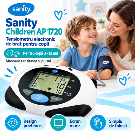 Tensiometru electronic de brat Sanity AP 1720 Children, 200 seturi de memorie, tehnologie DCC, Negru/Alb [2]