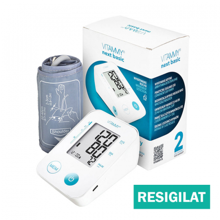 Resigilate - Tensiometru electronic de brat VITAMMY Next Basic, mufa USB, masurare in timpul umflarii mansetei, detectare aritmie, detectie miscarea corpului, memorare 2 utilizatori, manseta 22-40 cm, resigilat