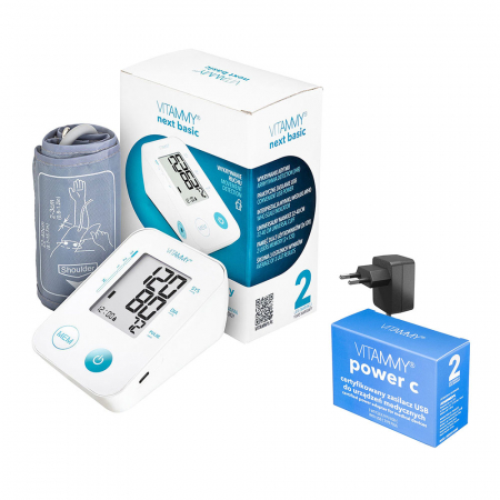Tensiometre electronice - Tensiometru electronic de brat VITAMMY Next Basic Power C, alimentator inclus, masurare in timpul umflarii mansetei, detectare aritmie, detectie miscarea corpului, memorare 2 utilizatori, husa de protectie, manseta 22-40 cm, Alb