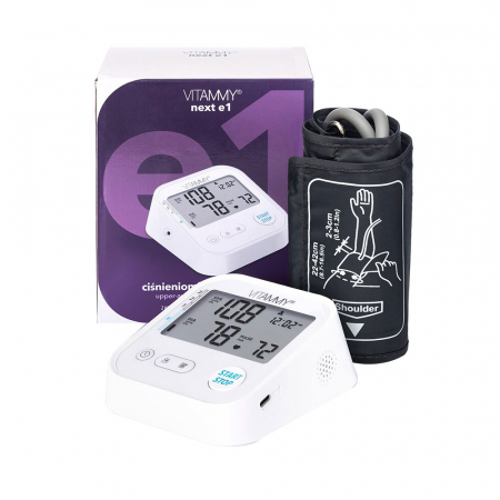 Tensiometre electronice - Tensiometru electronic de brat VITAMMY Next E1, USB-C inclus, detectare aritmie, detectie miscarea corpului, ecran panoramic, husa de protectie, manseta 22 - 42 cm, Alb