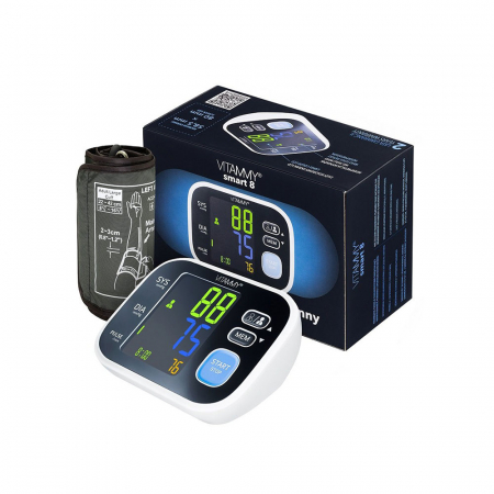 Tensiometre electronice - Tensiometru electronic de brat Vitammy Smart 8, masurare in timpul umflarii mansetei, detectare aritmie, afisaj color, memorare 2 utilizatori x 60 rezultate, manseta 22 - 42 cm, Negru