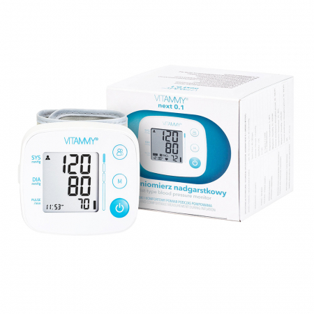 Tensiometre electronice - Tensiometru electronic de incheietura VITAMMY Next 0.1, masurare in timpul umflarii mansetei, detectare aritmie, detectie miscarea corpului, memorare 2 utilizatori, manseta 12.5-21.5 cm, Alb