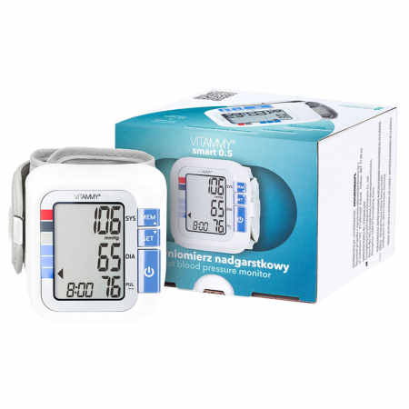 Tensiometre electronice - Tensiometru electronic de incheietura Vitammy Smart 0.5, detectare aritmie, detectie miscarea corpului, manseta 13.5 - 21.5 cm, 60 seturi de memorie, Alb