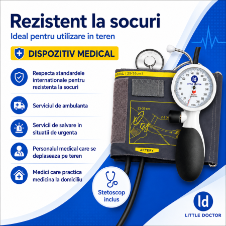 Tensiometru mecanic de brat Little Doctor LD 91, profesional, rezistent la socuri, stetoscop inclus [4]