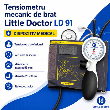 Tensiometru mecanic de brat Little Doctor LD 91, profesional, rezistent la socuri, stetoscop inclus [1]