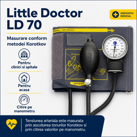 Tensiometru mecanic Little Doctor LD 70, profesional, manometru din metal, dimensiune manseta 25 – 36 cm, inel de fixare metalic, fara stetoscop, Negru/Gri [1]