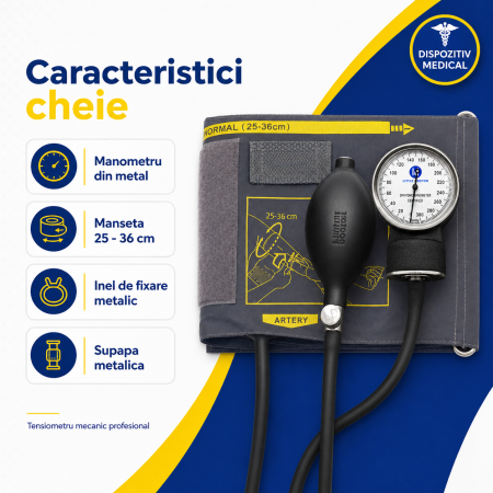 Tensiometru mecanic Little Doctor LD 70, profesional, manometru din metal, dimensiune manseta 25 – 36 cm, inel de fixare metalic, fara stetoscop, Negru/Gri [2]