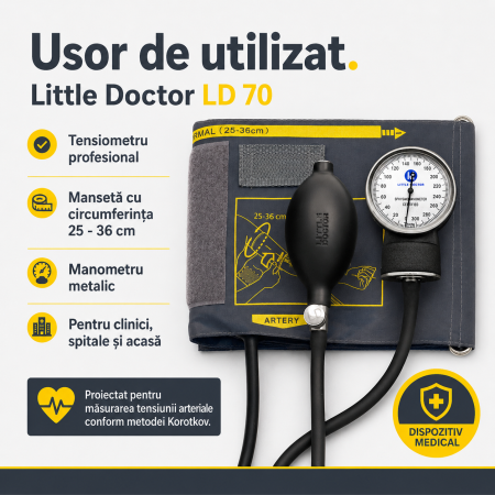 Tensiometru mecanic Little Doctor LD 70, profesional, manometru din metal, dimensiune manseta 25 – 36 cm, inel de fixare metalic, fara stetoscop, Negru/Gri [3]