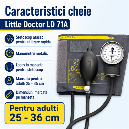 Tensiometru mecanic Little Doctor LD 71A, profesional, stetoscop atasat, manometru din metal [2]
