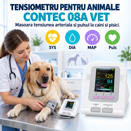 Tensiometru veterinar pentru animale Contec 08A-VET, 100 de seturi de masuratori, functie de alerta pentru valori anormale, ecran LCD color, oprire automata, 3 mansete [1]