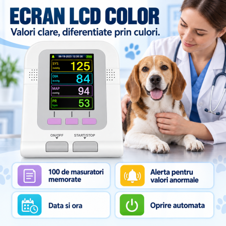 Tensiometru veterinar pentru animale Contec 08A-VET, 100 de seturi de masuratori, functie de alerta pentru valori anormale, ecran LCD color, oprire automata, 3 mansete [3]