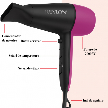 Uscator de par Revlon Easy Heat RVDR5347E, tehnologie ionica cu turmalina, 3 trepte de caldura, 2 viteze, concentrator de aer inclus [1]