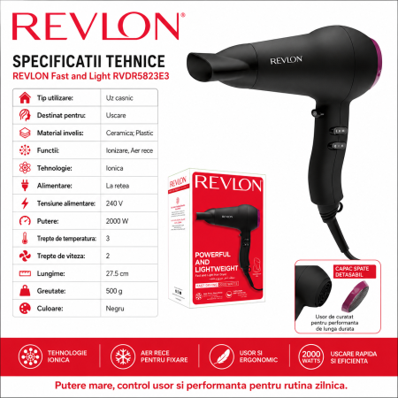 Uscator de par REVLON Fast and Light  RVDR5823E3, 2 viteze, 3 trepte de temperatura [2]