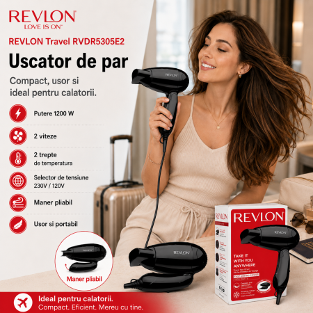 Uscator de par REVLON Travel RVDR5305E2, 2 viteze, 2 trepte de temperatura, Negru [1]