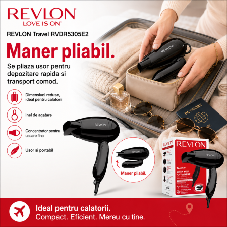 Uscator de par REVLON Travel RVDR5305E2, 2 viteze, 2 trepte de temperatura, Negru [2]