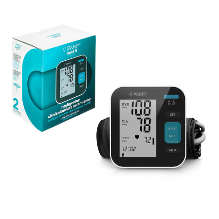 Tensiometru electronic de brat VITAMMY Next 5 Basic, mufa USB, detectare aritmie, detectie miscarea corpului, manseta 22-40 cm, Negru/Alb [1]
