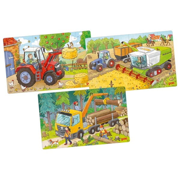 Set 3 puzzle-uri din lemn pentru copii, cu modele vehicule agricole, Goki [1]