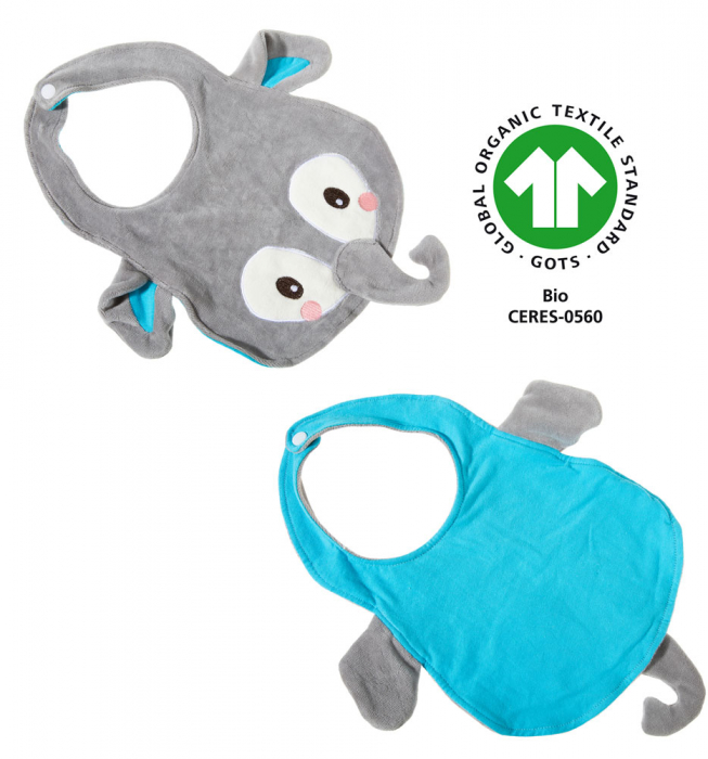 Accesoriu pentru bebelusi tip bavetica cu model elefant "River Blue", din bumbac organic certificat, Heunec [3]