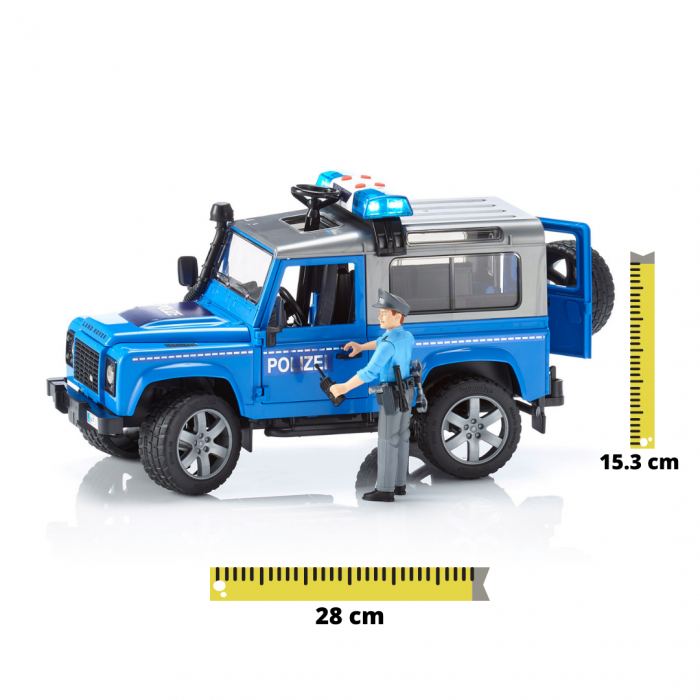 Vehicul Jeep Land Rover Defender de politie cu modul de lumini si sunet si figurina politist Bruder [1]