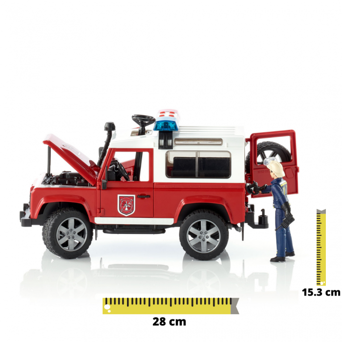 Masina de pompieri Land Rover Defender cu modul de lumini si sunet + figurina pompier cu accesorii, Bruder [1]