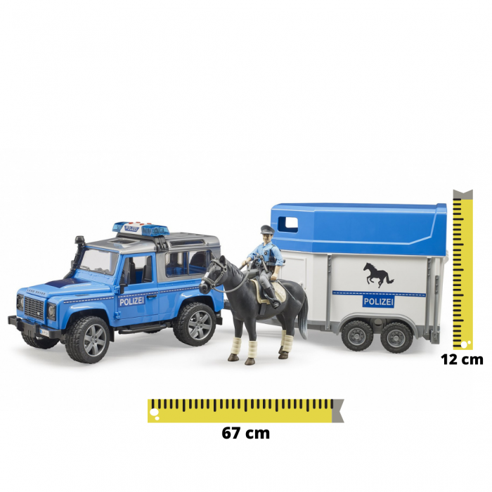 Set jucarie Land Rover Defender masina de politie cu trailer pentru cai, cal si figurina politist cu accesorii [1]