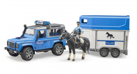 Set jucarie Land Rover Defender masina de politie cu trailer pentru cai, cal si figurina politist cu accesorii [1]