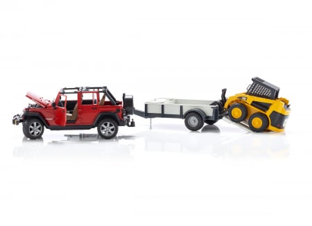 Masina tip Jeep Wrangler Unlimited rosie cu remorca de transport si mini buldozer CAT, Bruder [2]