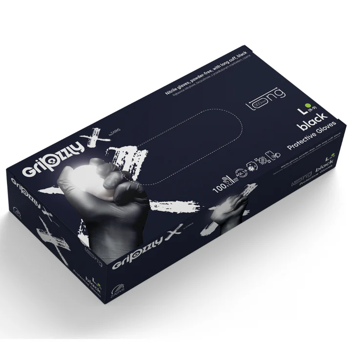 Manusi nitril negru extra-lungi,grosime dubla Gripzzly X 100buc [4]