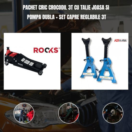 Sisteme de ridicare si sustinere - Pachet cric crocodil 3T cu talie joasa si pompa dubla + Set capre reglabile 3T