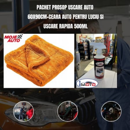 Accesorii auto - Pachet Prosop uscare auto 60x90cm+Ceara auto pentru luciu si uscare rapida 500ML