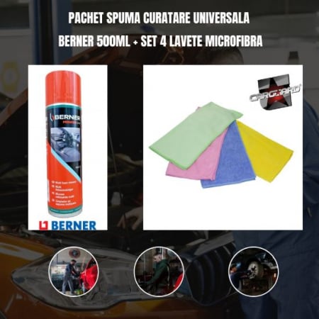 Accesorii auto - Pachet spuma curatare universala Berner 500ml + Set 4 lavete microfibra