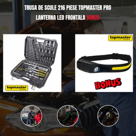 Truse si Accesorii 1/4 - Pachet trusa de scule 216 piese CR-V Topmaster Professional + Lanterna Frontala LED BONUS
