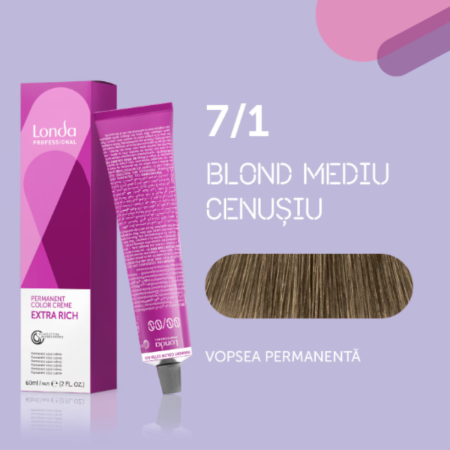 VOPSEA - Vopsea de par permanenta Londa Professional Permanent Color Cream 7/1, Blond Mediu Cenusiu, 60 ml