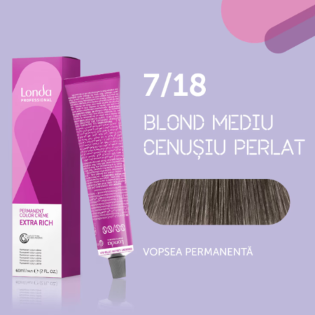 VOPSEA - Vopsea de par permanenta Londa Professional Permanent Color Cream 7/18, Blond Mediu Cenusiu Perlat, 60 ml