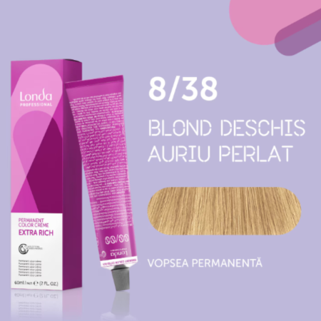 VOPSEA - Vopsea de par permanenta Londa Professional Permanent Color Cream 8/38, Blond Deschis Auriu Perlat, 60 ml