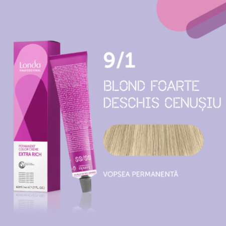 VOPSEA - Vopsea de par permanenta Londa Professional Permanent Color Cream 9/1, Blond Foarte Deschis Cenusiu, 60 ml