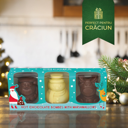 Craciun - Personaje Craciun - Set 3 sfere de ciocolata belgiana cu bezele 150G