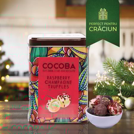 Craciun - Trufe de ciocolată albă cu zmeură și șampanie în cutie metalică 120G