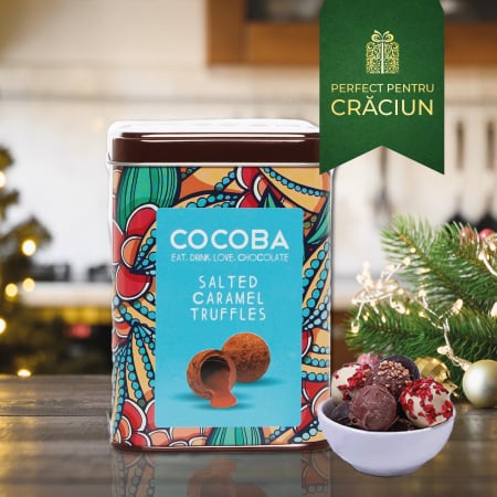 Trufe de ciocolata cu lapte si caramel sarat in cutie metalica 120G