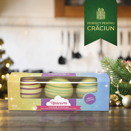 Craciun - Unicorn Set 3 sfere de ciocolata alba cu bezele 150G
