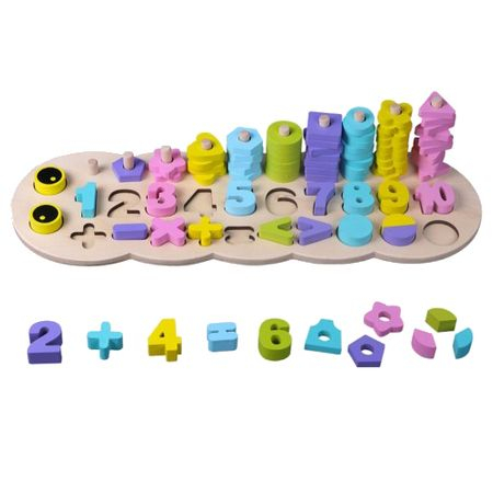 Jucărie din lemn Omida 3 rânduri cu cifre şi forme, Montessori, Multicolor, 76 de piese [1]