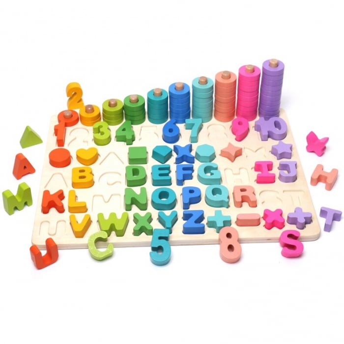 Joc din lemn Montessori cu 6 activități - puzzle cifre, litere, forme geometrice, operații matematice și sortare culori. [2]
